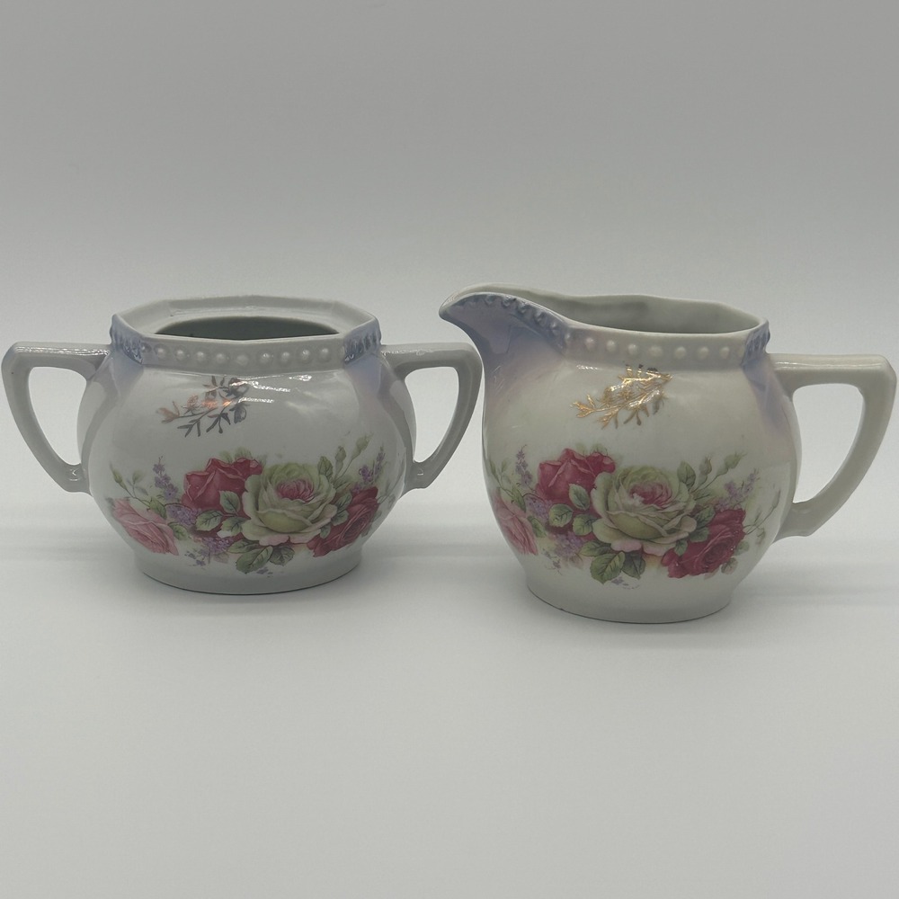 Vintage Germany Porcelain Creamer Sugar Bowl Set Pink Cabbage Rose Lusterware